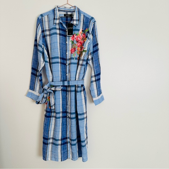 New Ralph Lauren Floral & Plaid Lightweight Linen Button Down Shirtdress Midi - Picture 3 of 15